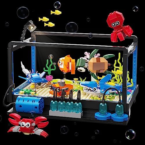Fish Tank Building Set,Compatible with Lego Aquarium Including Marine Life Animals,Creative Lighting Fish Tank with Submarine Educational Building Toys for Kids 6-12(625Pieces)